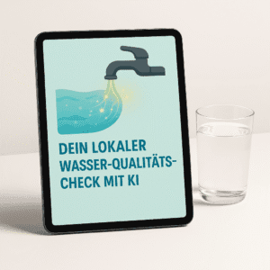 3D-Mockup des Lead Magnet E-Books auf einem Tablet mit Glas Wasser.