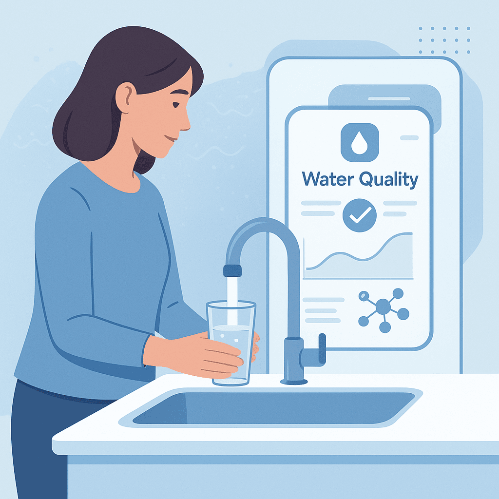 Digitale Illustration einer Person, die Wasser zapft, während eine KI-Analyse die Wasserqualität in Echtzeit darstellt.