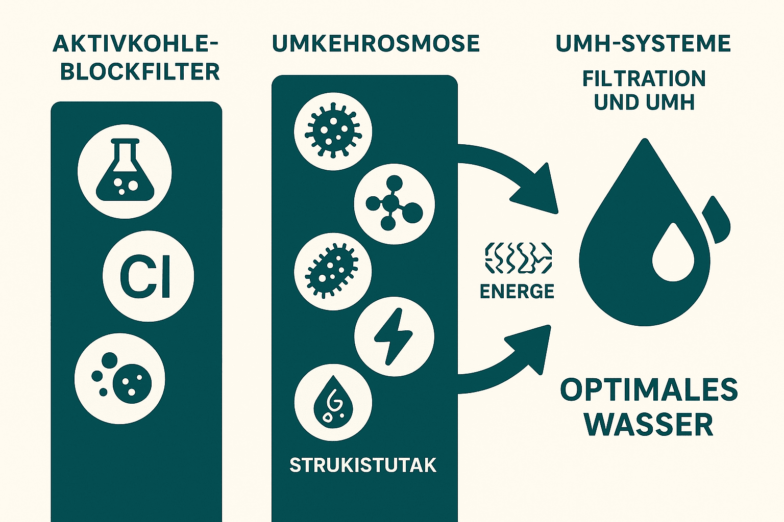 nfografik zeigt drei Wasserfilter-Technologien: Aktivkohle, Umkehrosmose, UMH-Systeme, mit ihren jeweiligen Vorteilen.